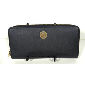 Anne Klein Black Full Zip Wallet Faux Saffiano Leather Bills Coins, Cards Logo